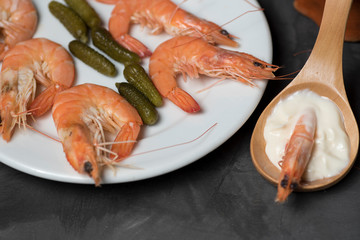 cooked prawns and served on a table ready to eat