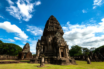 Perfect view of Prasat Hin Pimai (Pimai Historical Park) The ancient sand-stone Khmer-style temple in Nakhon Ratchasima province, Thailand,Asia.Amazing Stone castle.