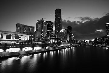Fototapeta na wymiar Melbourne city skyline. Black and white retro style.