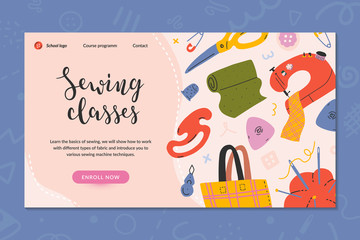 Web banner layout for sewing classes, online course or workshop. Hand drawn illustrations of sewing tools, simple modern style. Pre-made landing for dressmaking, tailoring school, enroll now button
