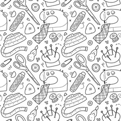 sewing and tailoring tools, acessories and equipment, vector background, seamless vector pattern, simple black and white line art, outline drawings, sewing machine, measuring tape and scissors.