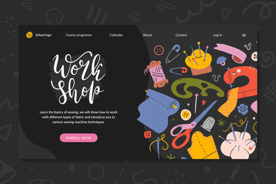 Web banner layout for sewing and crafts workshop announcement. Hand drawn illustrations of sewing and tools with lettering. Pre-made header for creative professional education for sewer or tailor