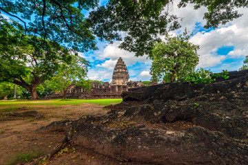 Perfect view of Prasat Hin Pimai (Pimai Historical Park) The ancient sand-stone Khmer-style temple in Nakhon Ratchasima province, Thailand,Asia.Amazing Stone castle.