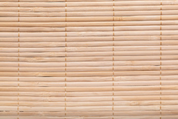 Background bamboo sticks with thread uniting. Asian style bamboo brown straw weave rug.