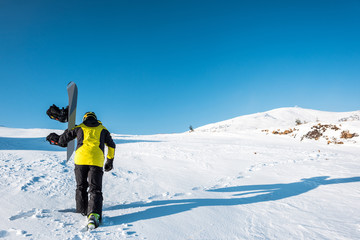 back view of sportsman holding snowboard while walking on white snow