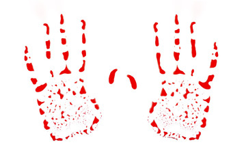 red handprints isolated on white background. bloody traces
