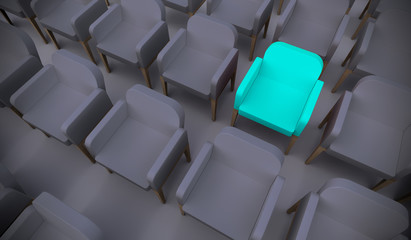 Concept or conceptual blue armchair standing out in a  conference room as a metaphor for leadership, vision and strategy. A  3d illustration of individuality, creativity and achievement