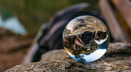 Crystal ball alpine landscape shot at the famous Hintersee, Ramsau, Berchtesgaden, Bavaria, Germany