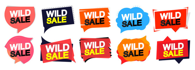 Set Wild Sale tags design template, discount speech bubble banners, app icons, vector illustration