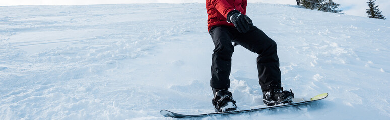 panoramic shot of snowboarder riding on slope in winter