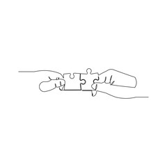 continuous line drawing of hands holding puzzle vector illustration