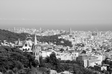 Plakat Barcelona city from Tibidabo. Black and white retro image style.