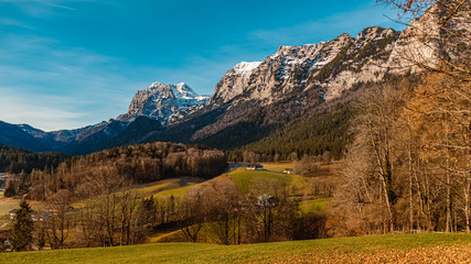 Beautiful alpine view with reflections at the famous Hintersee, Ramsau, Berchtesgaden, Bavaria, Germany