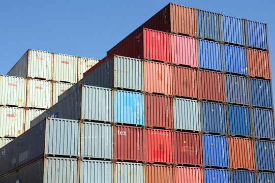 HAMBURG, GERMANY - MAY 4, 2018: Shipping containers stacked at the Port of Hamburg