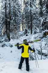 back view of skier in helmet holding ski sticks and skis while standing near firs