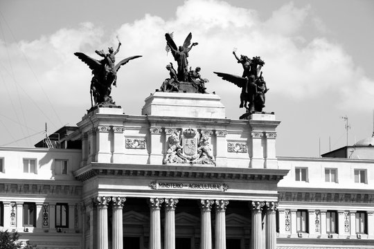 Madrid Ministry of Agriculture. Black and white retro image style.