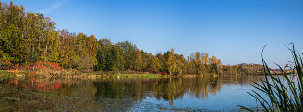 Beautiful autumn or indian summer view with reflections at the Hackerweiher near Deggendorf, Bavaria, Germany
