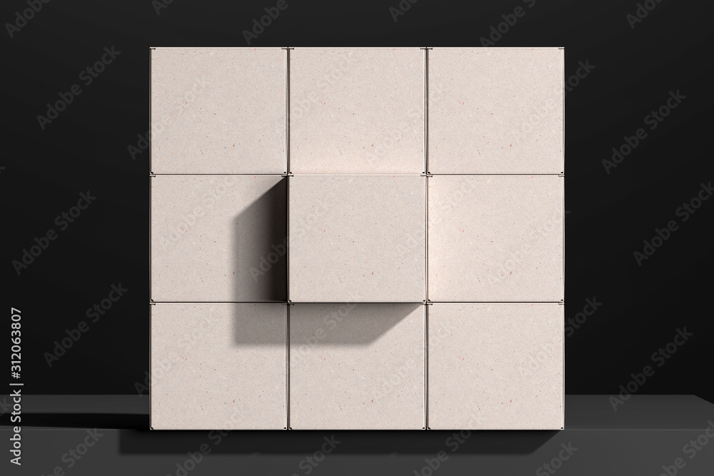 Poster wall from white blank boxes made from recycled cardboard. 3d rendering. copy space. environment conc