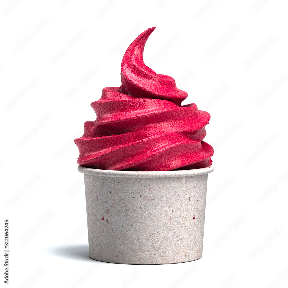 Poster raspberry or strawberry ice cream in white bowl. frozen yogurt in blank paper cup on white backgroun