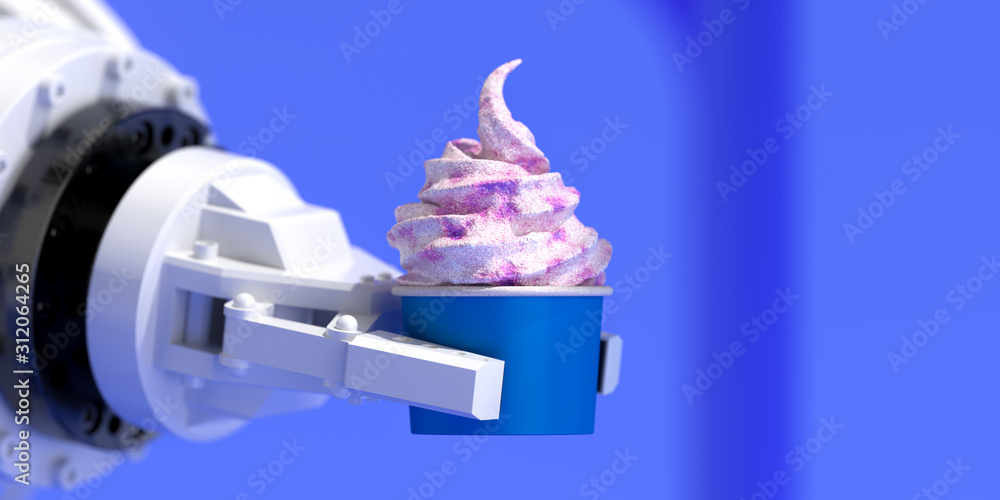 Poster robotic mechanic arm holding ice cream in bowl. artificial intelligence offers frozen yogurt in pape