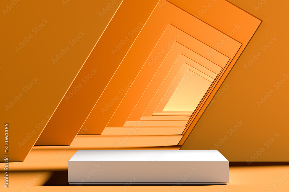 Aufkleber modern showcase with empty space on abstract orange geometric background with hall. 3d rendering.