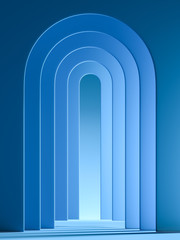 Modern Showcase With Empty Space Pedestal on Abstract Blue Geometric Background. 3d rendering.