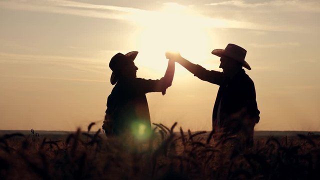 eam work. Two farmers stand at sunset in a wheat field, and discuss the new crop.. Farmers use new technologies in agriculture. Growing organic products.