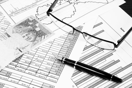 Accounting papers and documents. Vintage toned black and white style.