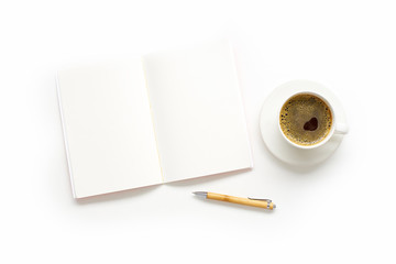  Flatlay with blank notepad, pen and coffee cup on white background