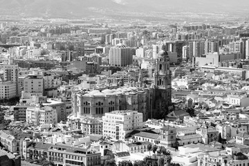 Fototapeta na wymiar Malaga city in Spain. Vintage toned black and white style.