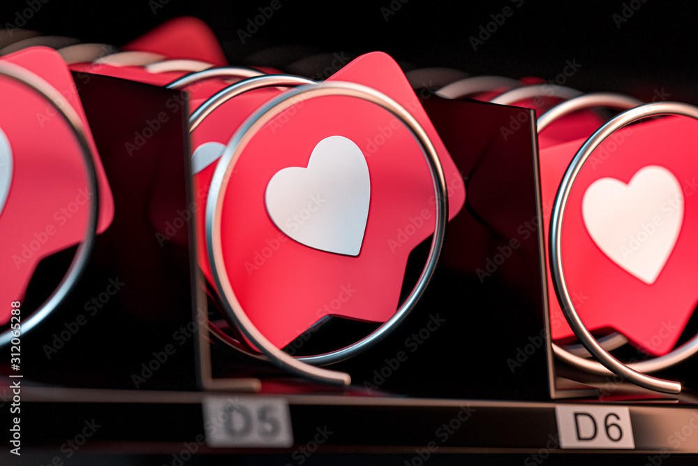 Aufkleber close up of likes icon in realistic modern vending machine. concept of dependence from social media.