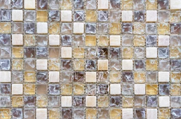 Peel and stick wall murals Mosaic Ceramic mosaic tiles with brown, gray and white squares.