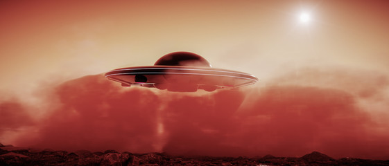 Fototapeta na wymiar an unidentified flight objet landing on mars (3d rendering)