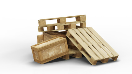 Chaotic wood pallets and transport box stack