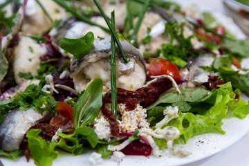 Salad with herring fillets, vegetables and ice cream
