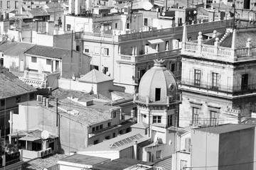Valencia city aerial view. Retro toned black and white style.