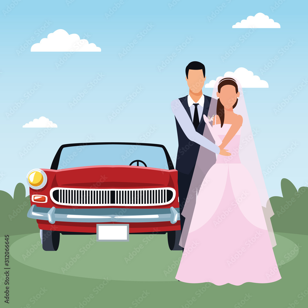 Sticker just married couple standing and red classic car over landscape background, colorful design