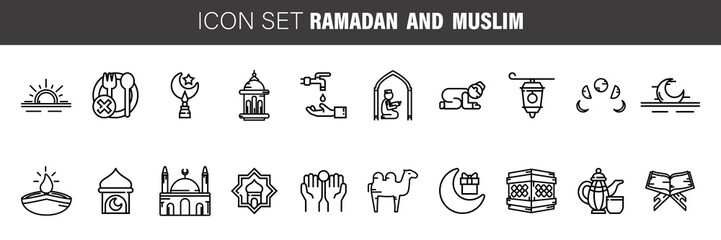 muslim and ramadan Set of Isolated Universal Standard Minimal Simple Islamic Black Thin Line Icons on Background.