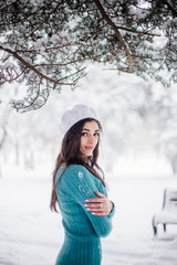 Snow girl portrait on park.