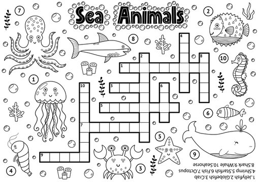 Black and white crossword with sea animals for coloring