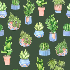 Watercolor houseplants pattern. Seamless pattern with potted plants on green backround. Botanical watercolor illustration. Background with hose plants. 