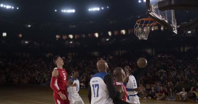 Basketball players on big professional arena during the game. Tense moment of the game. Celebration