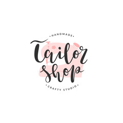 Tailor shop lettering logotype with illustration of sewing machine, vector isolated sign, template of brand identity for atelier or workshop, concept for sewing, needlecraft and tailoring.