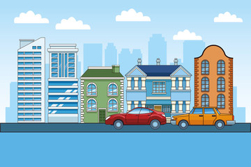 classic and modern buildings and cars over urban city background