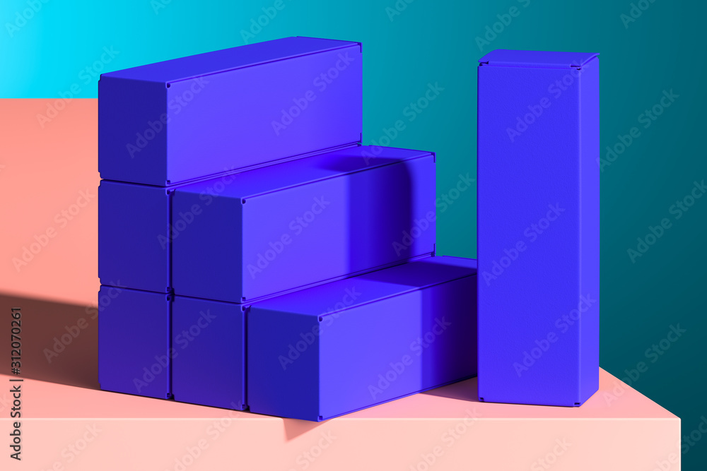 Poster blue blank cardboard boxes on salmon color pedestal. 3d rendering. empty space. copy space. minimali