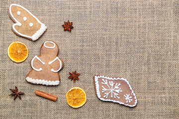 Christmas homemade gingerbread cookies. Celebration cooking Winter concept. New year and christmas postcard or invitation