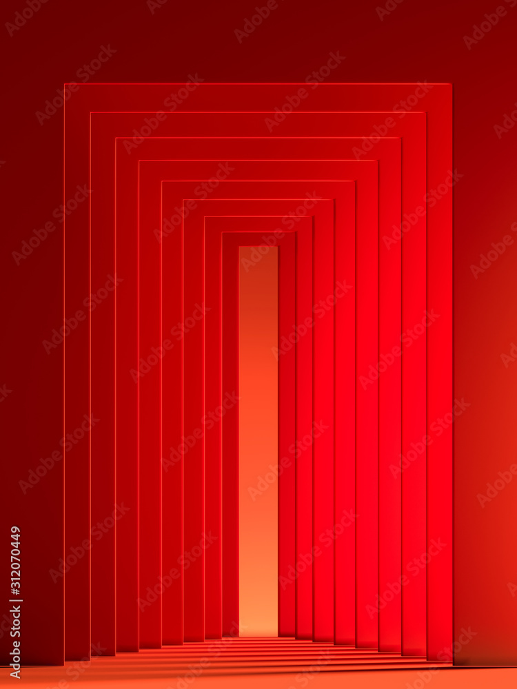 Poster modern showcase with empty space pedestal on abstract red geometric background. 3d rendering.