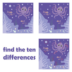 Find differences. Sea fish and Octopus. Underwater world. Ocean. Vector illustration for children.