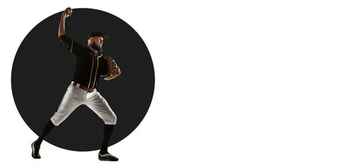 Professional baseball player practicing. Sportsman training on white background, flyer for your ad. Concept of competition, sport, healthy lifestyle, action, motion and movement. Geometric design.