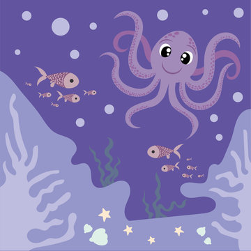 Sea fish and Octopus. Underwater world. Ocean. Vector illustration for children. © iuvmiro